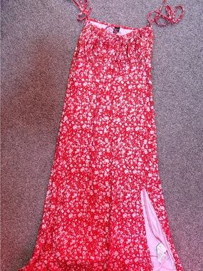 Lioness Red Floral Midi Dress with Side Slit
